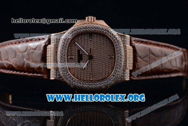 Patek Philippe Nautilus Miyota 9015 Automatic Rose Gold Case with Diamond Dial and Brown Leather Strap - Click Image to Close